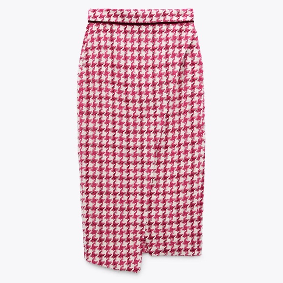 Zara TWEED TEXTURED WEAVE HOUNDSTOOTH
High-waist Midi Skirt Front Slit Pink NEW - Picture 15 of 16